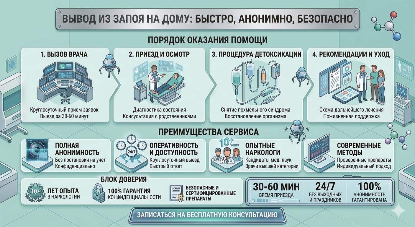Инфографика: вывод из запоя на дому — 4 этапа помощи (вызов врача, осмотр, детоксикация, рекомендации), преимущества сервиса
